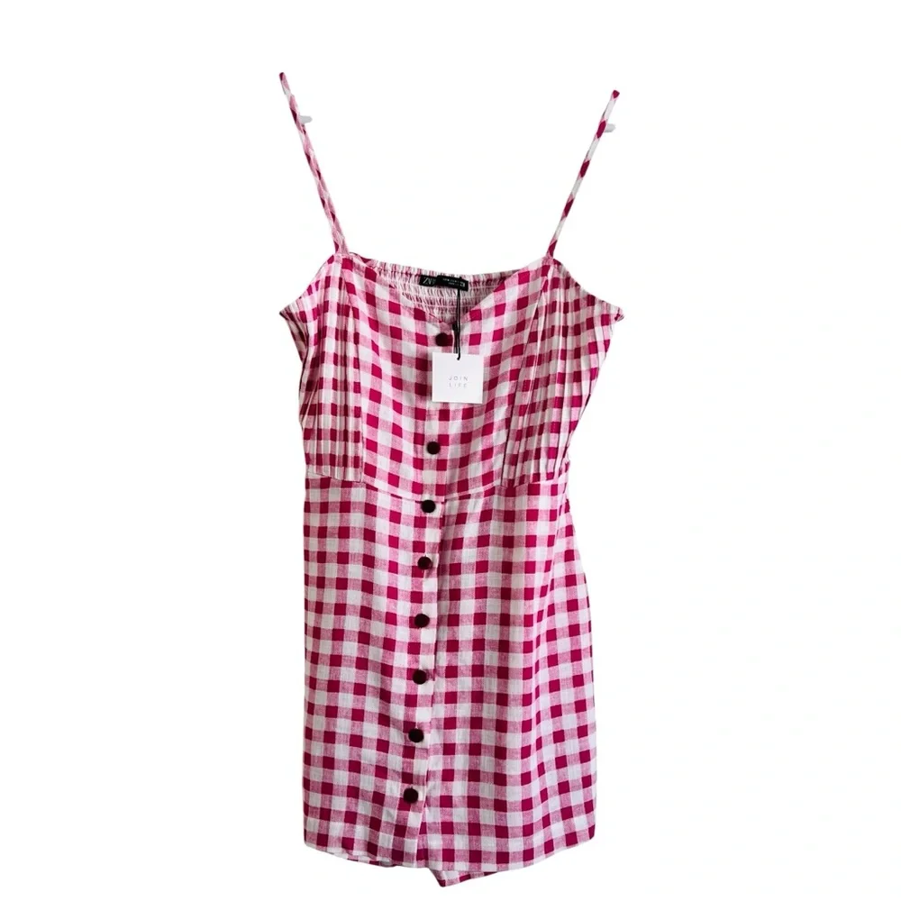 ZARA Pink Gingham Romper/ Mini Dress Sz M Linen Blend Playsuit Sweetheart  White